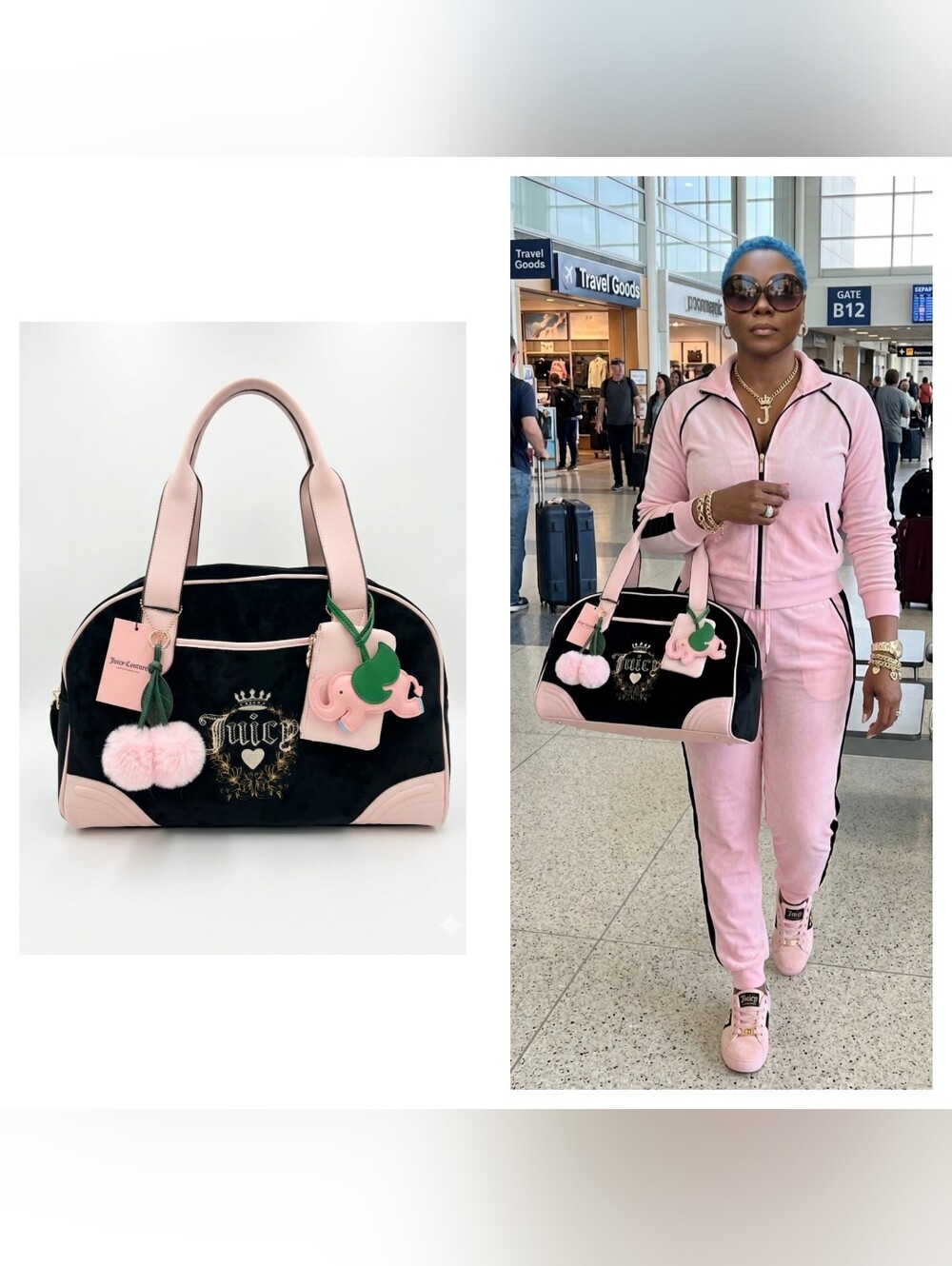 Juicy Couture Black & Pink Velvet Weekend Duffel Bag